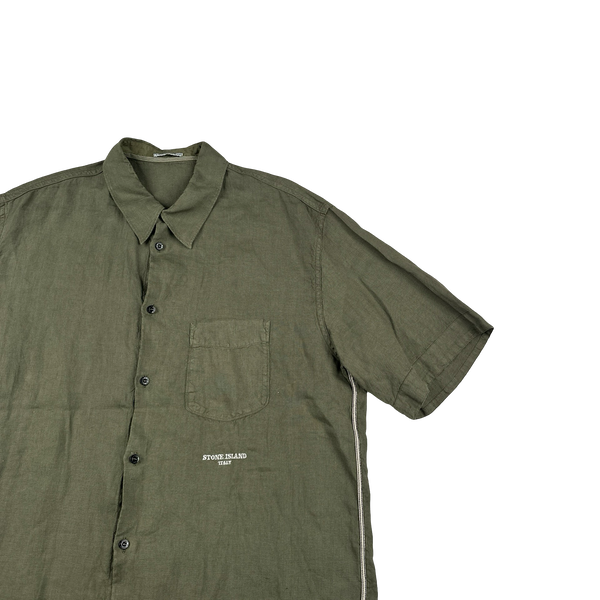 Stone Island 2004 Khaki Lino Flax Spellout Short Sleeve Shirt - XXL
