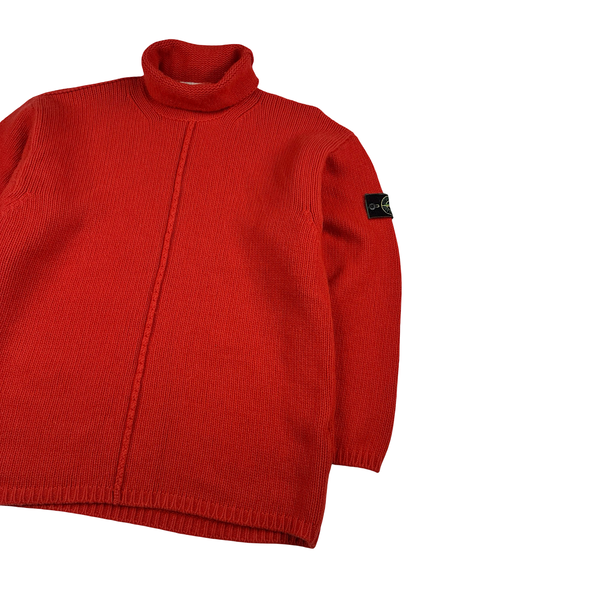 Stone Island 1997 Red Knitted Wool Vintage Roll Neck Jumper - Large