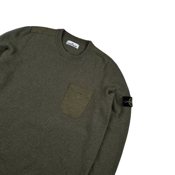 Stone Island 2018 Khaki Wool Chest Pocket Crewneck Jumper - XXL