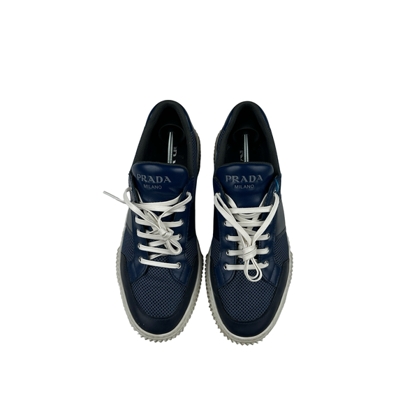 Prada Navy White Mesh Toe Trainers - UK 9