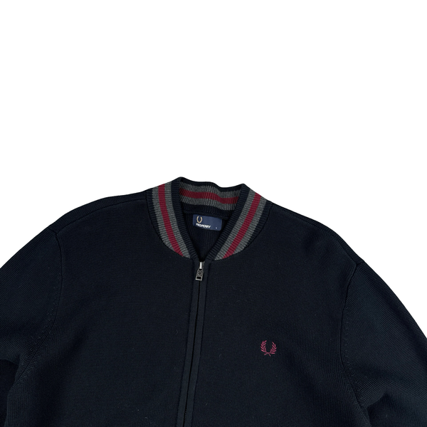 Fred Perry Black Zipped Burgundy Collared Knit Jumper - Large