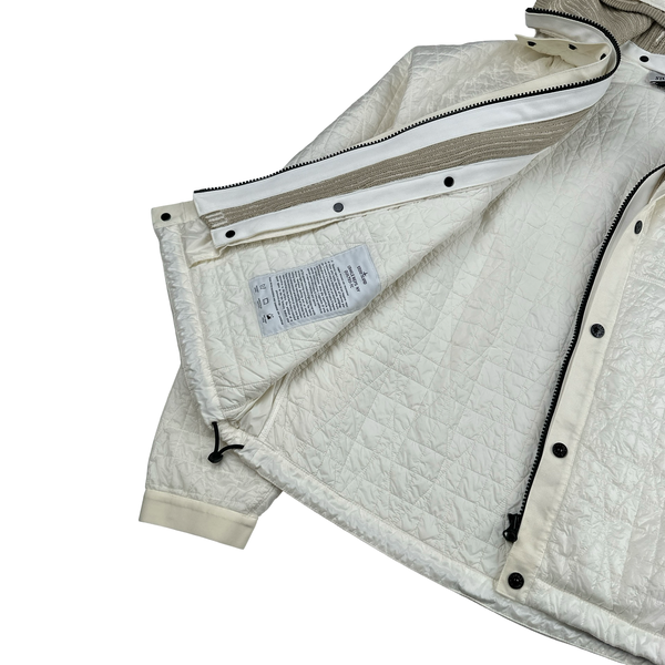 Stone Island 2025 White Garment Dyed Crinkle Reps Knitted Hood NY Quilted TC Jacket - Large