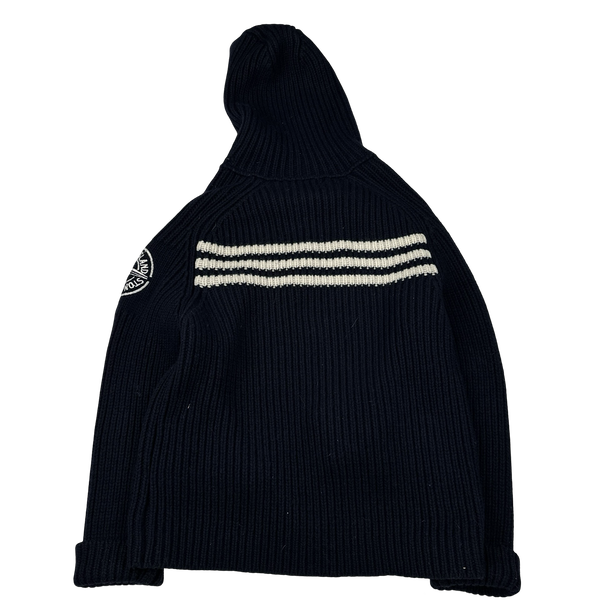 Stone Island 2005 Navy Heavyweight Wool Knit Spellout Hooded Cardigan - Large