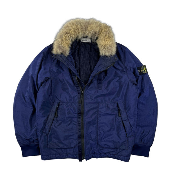 Stone Island 2014 RARE Blue Nylon Metal Watro Jacquard Design Fur Collar Bomber Jacket XL