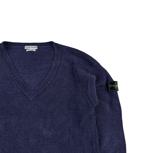 Stone Island Vintage 1998 Navy Chenille Knitted Cotton Jumper - Large