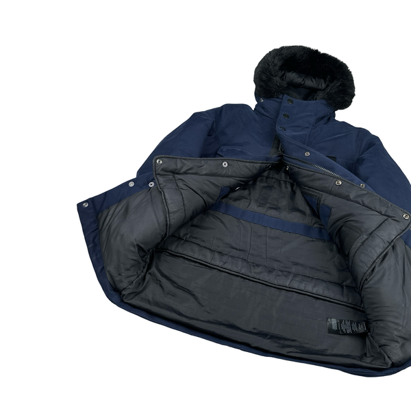 Ma Strum Navy Multi Pocket Long Quilted Fur Hood Trim Jacket - XS