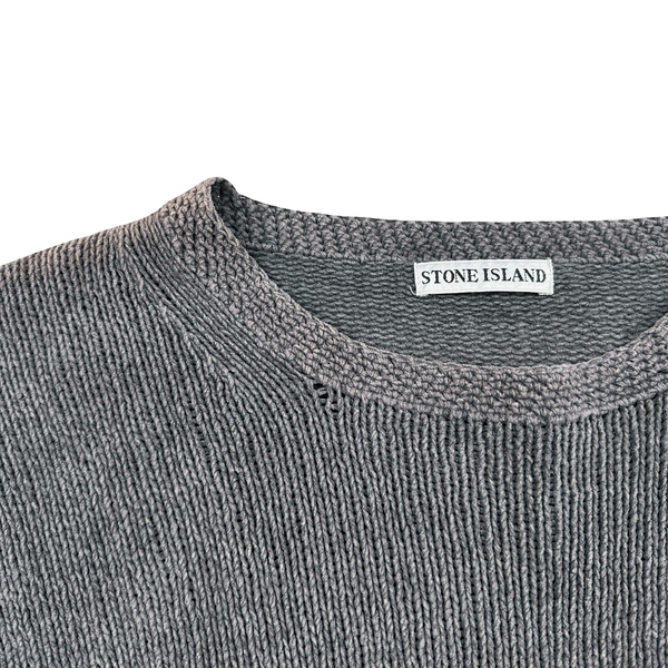 Stone Island 1993 Grey Knitted Chenille Green Edge Crewneck Pullover - Medium