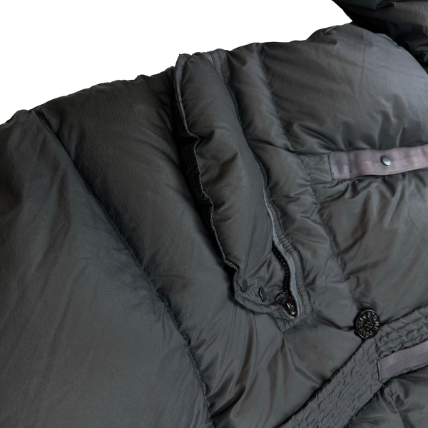 Stone Island 2007 Opaque Nylon Tela Spellout Hood Mesh Badge Long Puffer Jacket - 3XL