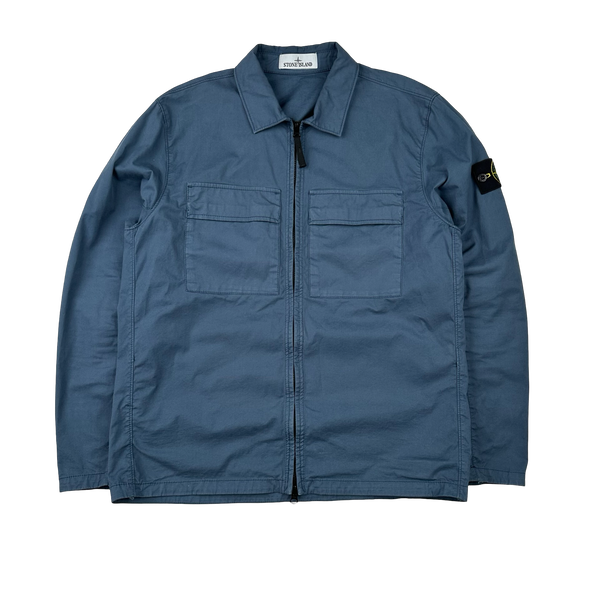 Stone Island 2023 Blue Supima Cotton Twill Zipped Overshirt - Medium