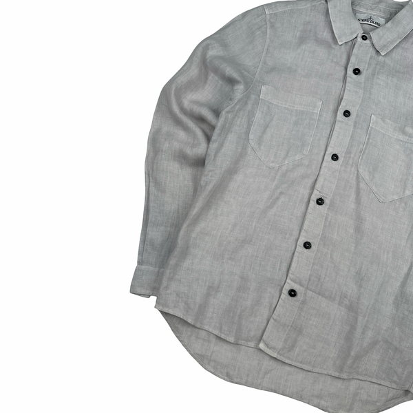 Stone Island Linen Grey Arm Logo Buttoned Shirt - Small