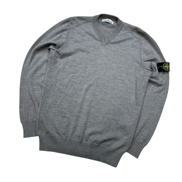 Stone Island Grey V Neck Wool Jumper - Large