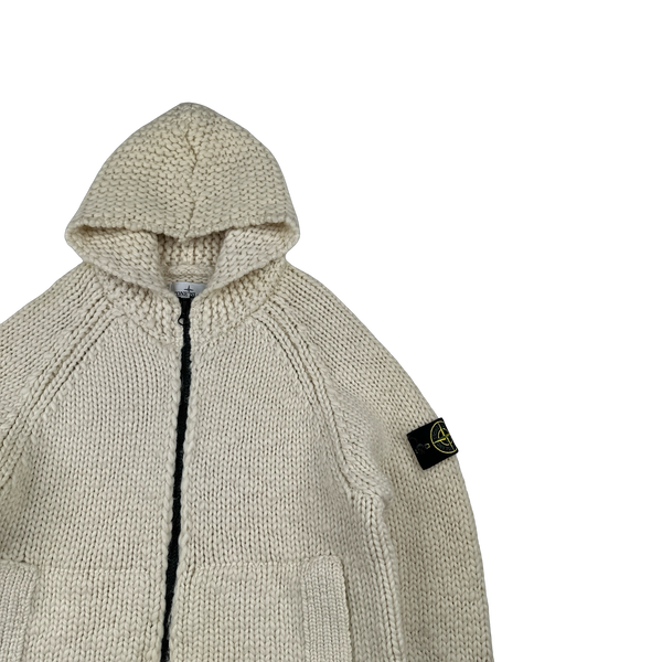 Stone Island 2022 Cream Heavyweight Lana Wool Knitted Zipped Hoodie - Large