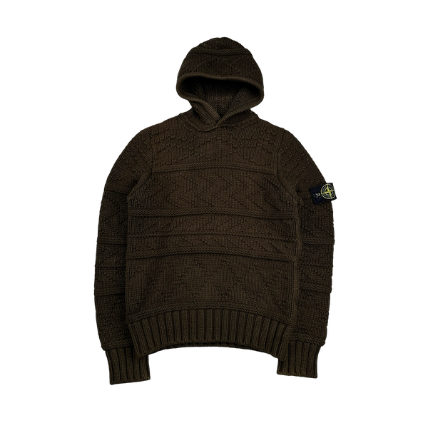 Stone Island 2009 Khaki Cotton Detailed Knit Pullover Hoodie - Small