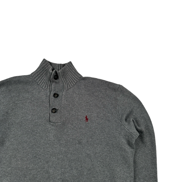 Ralph Lauren Grey Cotton Knit Quarter Button Jumper - Medium