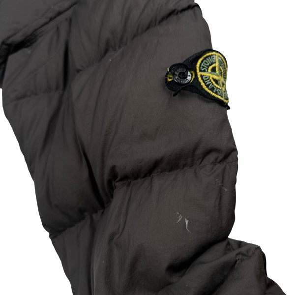 Stone Island 2005 Charcoal Vintage Mesh Badge Zip Opaque Nylon Tela Down Hood Jacket - Large