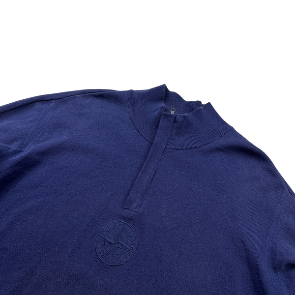 Stone Island 2022 Blue Compass Logo Quarter Zip Soft Knit - Large