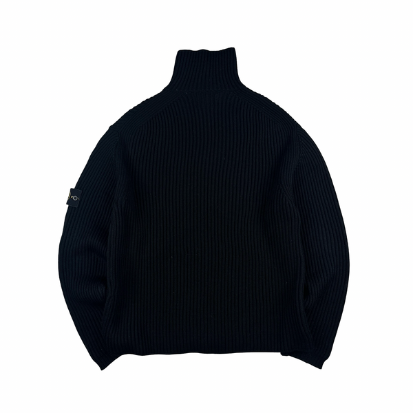 Stone Island 2001 Black Lana Wool Vintage Ribbed High Neck Jumper - XL