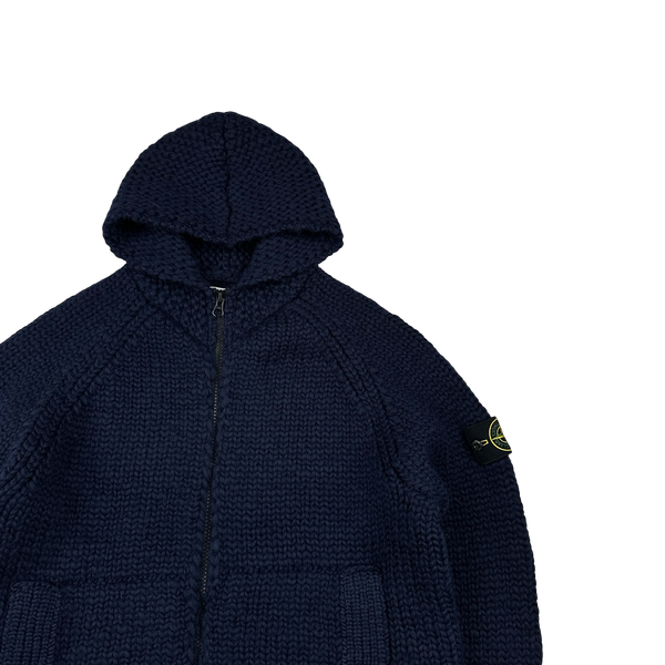 Stone Island 2022 Navy 100% Wool Knitted Zipped Hoodie - XL