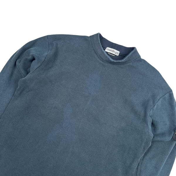 Stone Island 2002 Navy Blue Ribbed Cotton Blend Crewneck Jumper - Medium