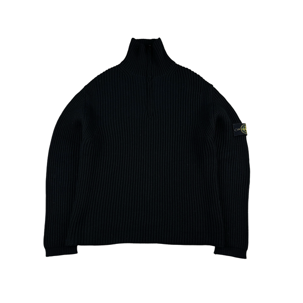 Stone Island 2001 Black Lana Wool Vintage Ribbed High Neck Jumper - Large