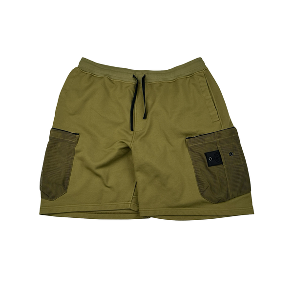Stone Island 2021 Shadow Project Olive Green Garment Dyed Mesh Cargo Pocket Shorts - XL