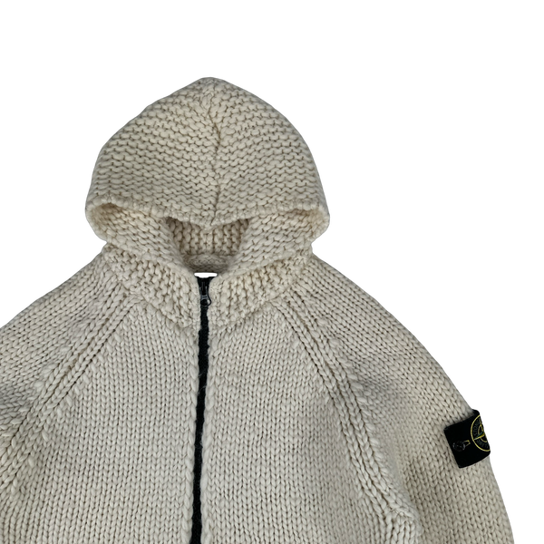Stone Island 2022 Cream Heavyweight Lana Wool Knitted Zipped Hoodie - Large
