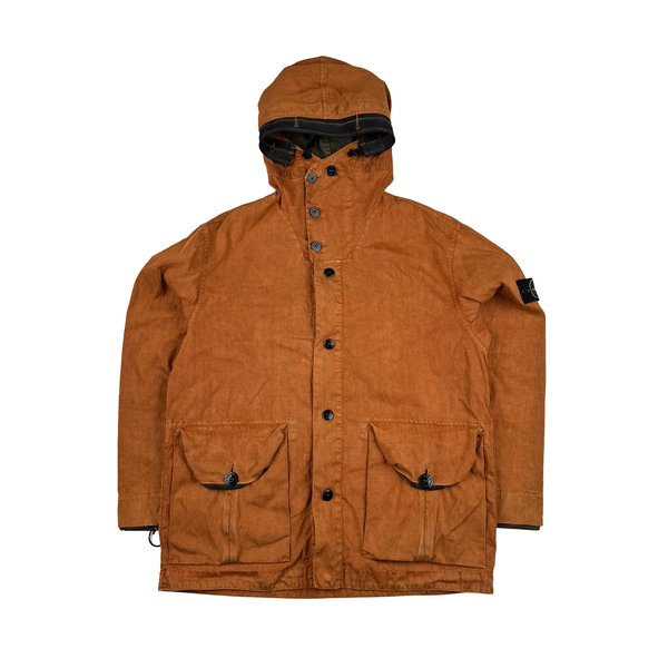 Stone Island 2001 Orange Lino Flax Multi Pocket Hooded Buttoned Jacket - Large