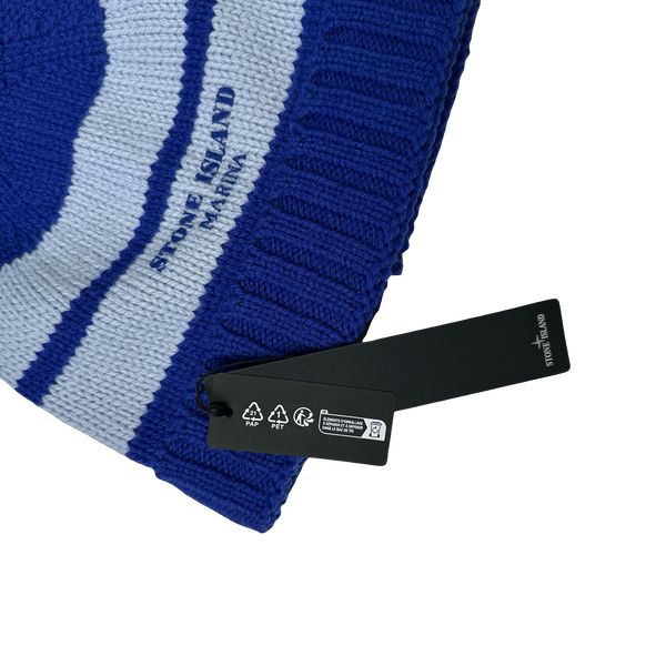Stone Island 2025 Marina Blue Striped Pure Wool Spellout Beanie
