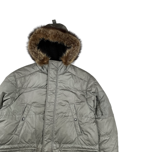 Prada Silver Coyote Fur Hood Black Tab Parka Jacket - Small