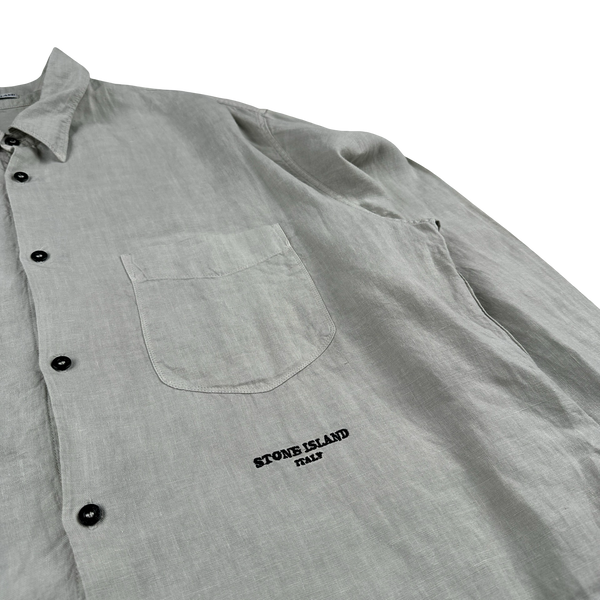 Stone Island 2005 Grey Lino Flax Spellout Collar Buttoned Shirt - XXL