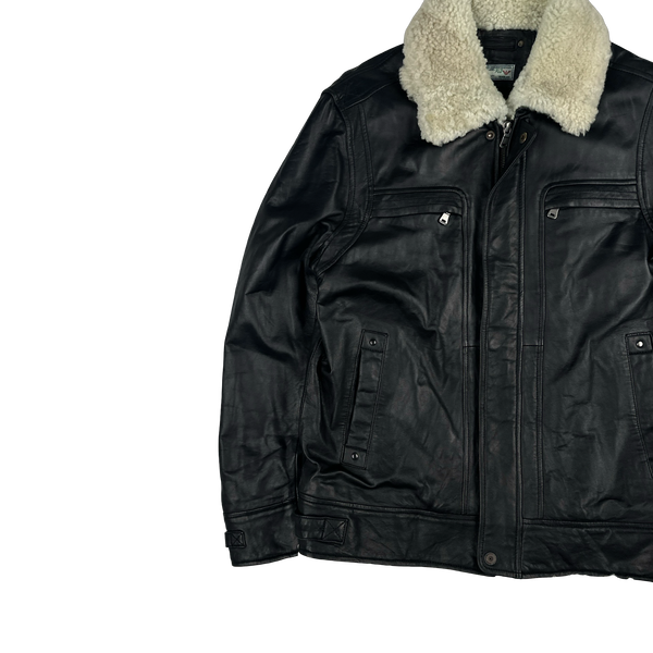 Armani Jeans 2000's Shearling Collared Multi Pocket Leather Jacket - Medium