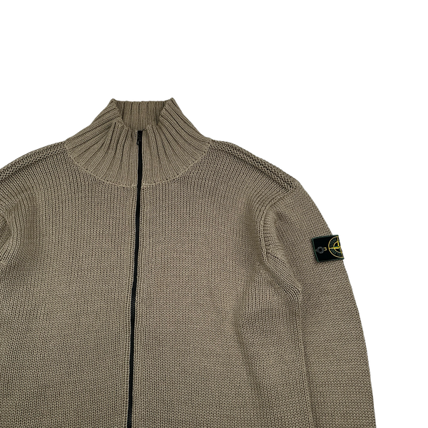 Stone Island 1999 Brown Cotton High Neck Zipped Knit Jumper - XL