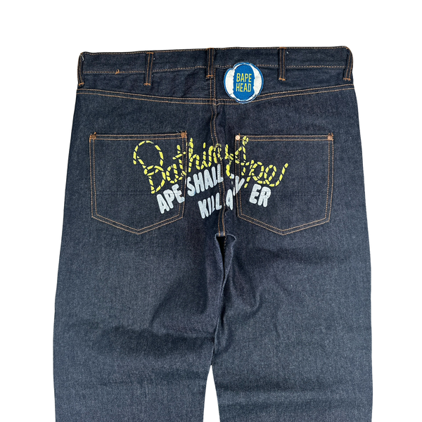 Bape Raw Denim Baggy Fit Spellout Graphic Jeans - 38