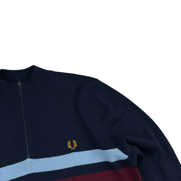 Fred Perry Navy Quarter Zip Colour Block Knit - Large