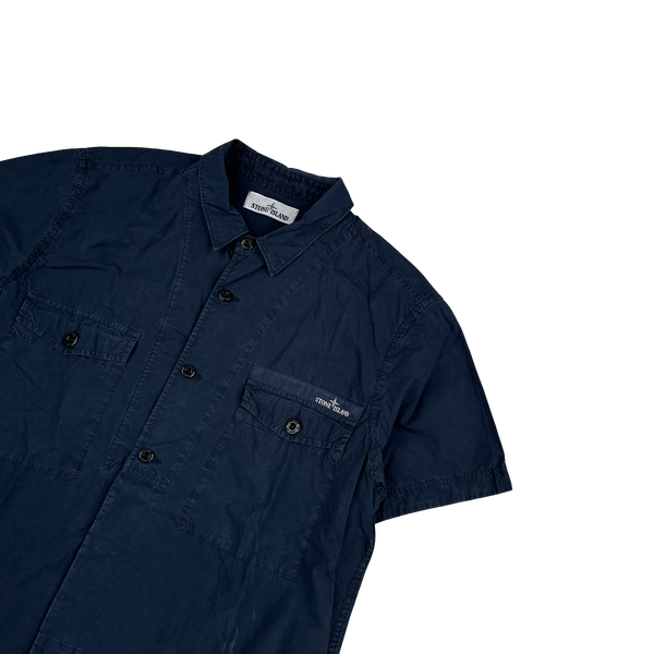 Stone Island 2014 Navy Cotton Spellout Buttoned Short Sleeve Shirt - XL