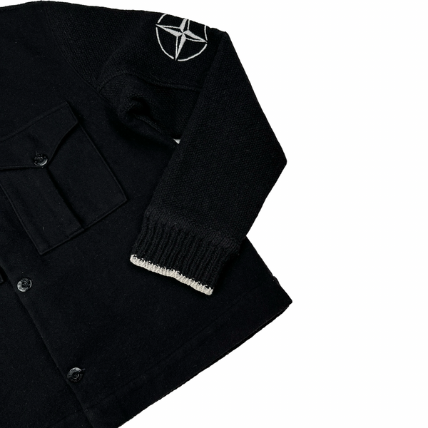 Stone Island 90s Black Wool Collared Buttoned Knit Compass Jumper - Large