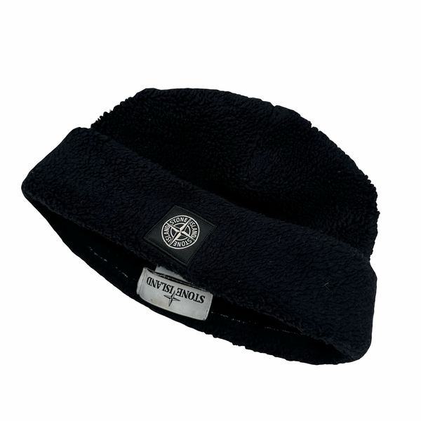 Stone Island Black Cotton Blend Teddy Fleece Beanie Hat