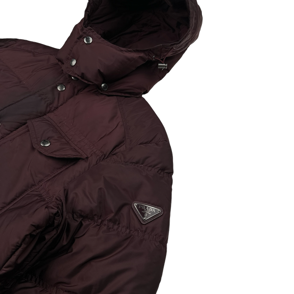Prada Burgundy Triangle Logo Plaque Zipped Puffer Jacket - Medium