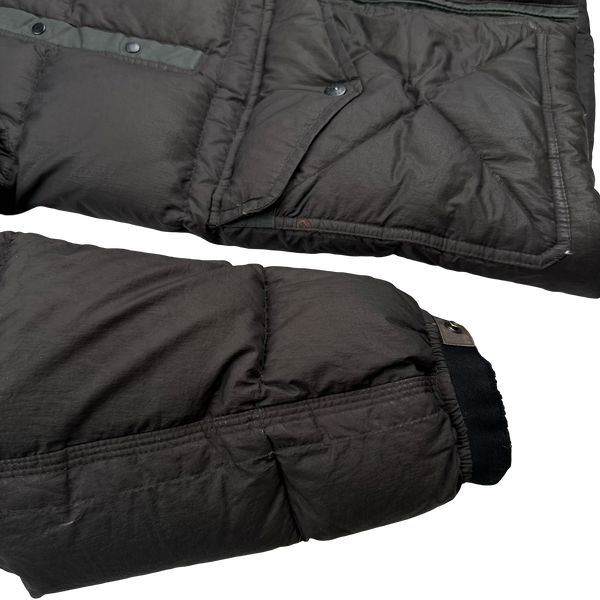 Stone Island 2005 Charcoal Vintage Mesh Badge Zip Opaque Nylon Tela Down Hood Jacket - Large