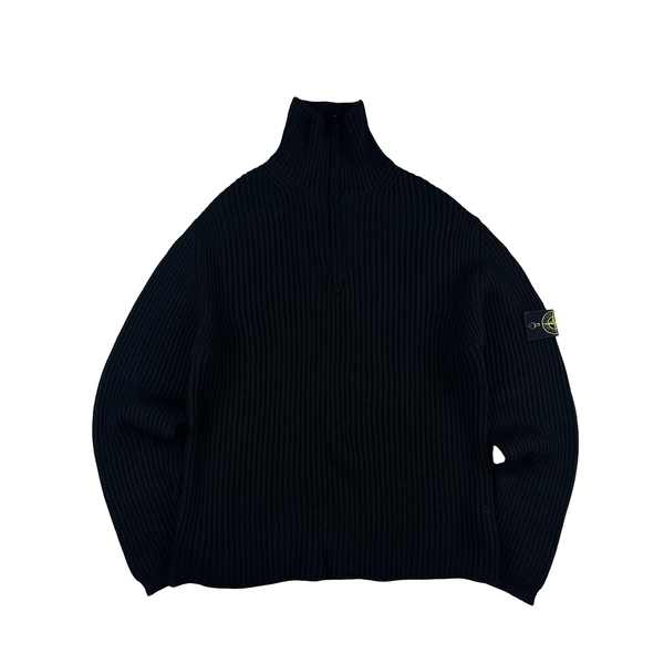 Stone Island 2001 Black Lana Wool Vintage Ribbed High Neck Jumper - XL