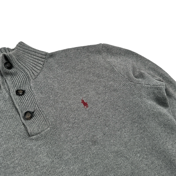 Ralph Lauren Grey Cotton Knit Quarter Button Jumper - Medium
