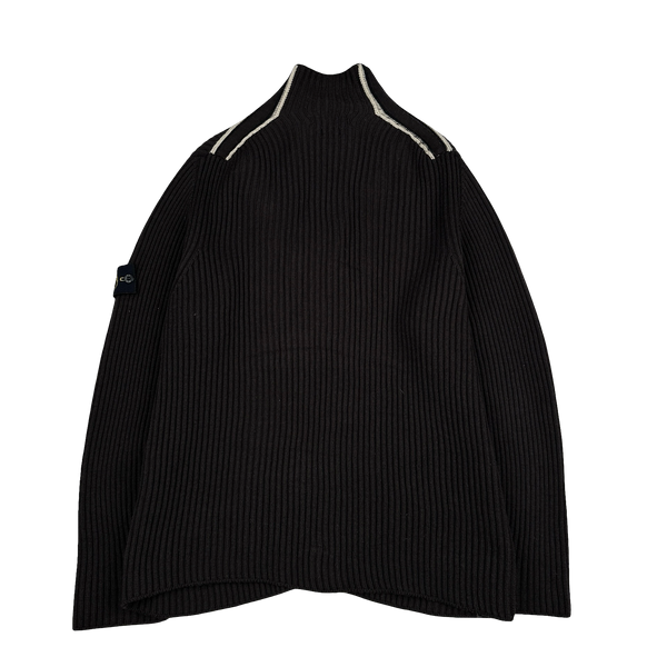Stone Island 2005 Brown Wool Buttoned Ribbed Jumper - XXL