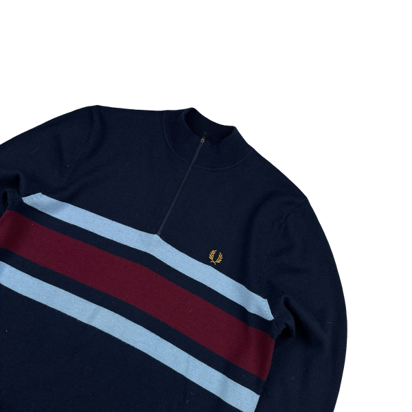 Fred Perry Navy Quarter Zip Colour Block Knit - Large