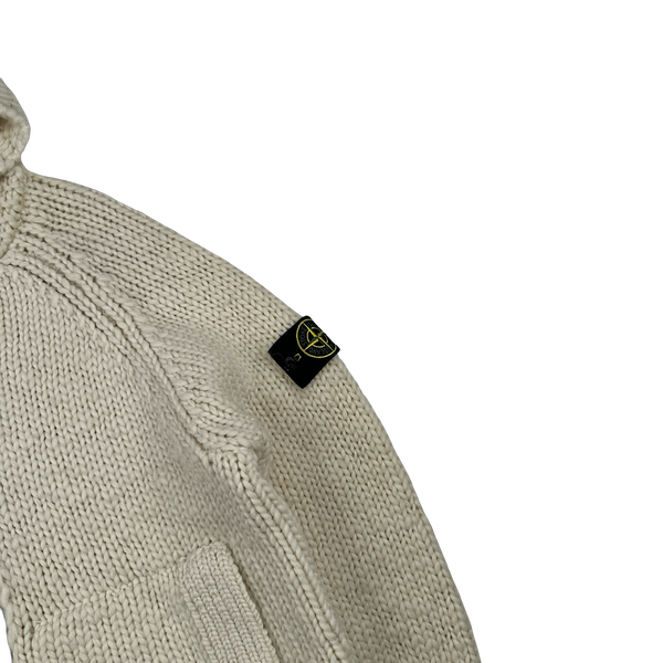 Stone Island 2022 Cream Heavyweight Lana Wool Knitted Zipped Hoodie - Large