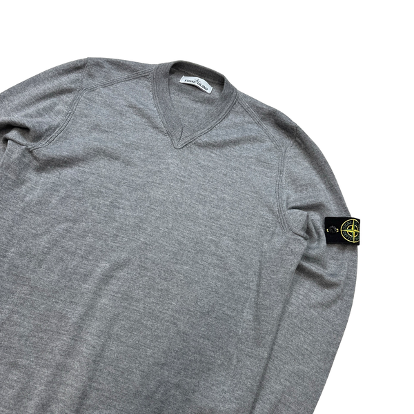 Stone Island Grey V Neck Wool Jumper - Large