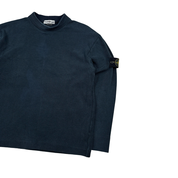 Stone Island 2002 Navy Blue Ribbed Cotton Blend Crewneck Jumper - Medium
