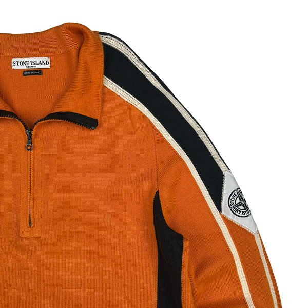 Stone Island 2004 Orange Cotton Knit Compass Quarter Zip Jumper - Medium