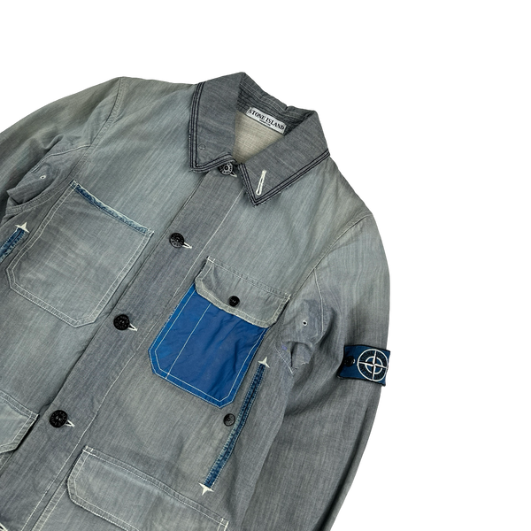 Stone Island 2006 RARE Denim Sanded Micro Twill Reflective Pocket Denim Jacket - Small