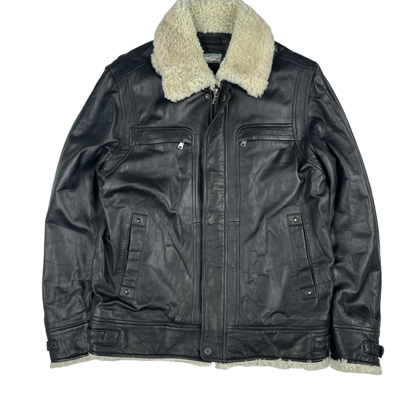 Armani Jeans 2000's Shearling Collared Multi Pocket Leather Jacket - Medium