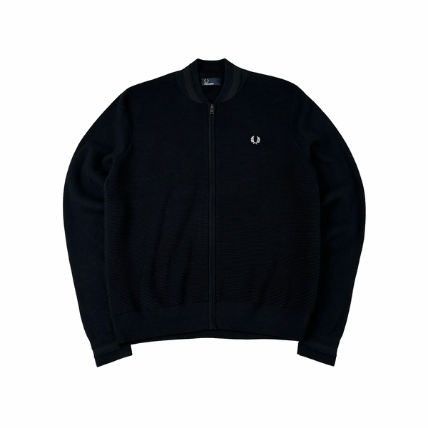 Fred Perry Black Zipped Ribbed Cotton Blend Crewneck Jumper - Large
